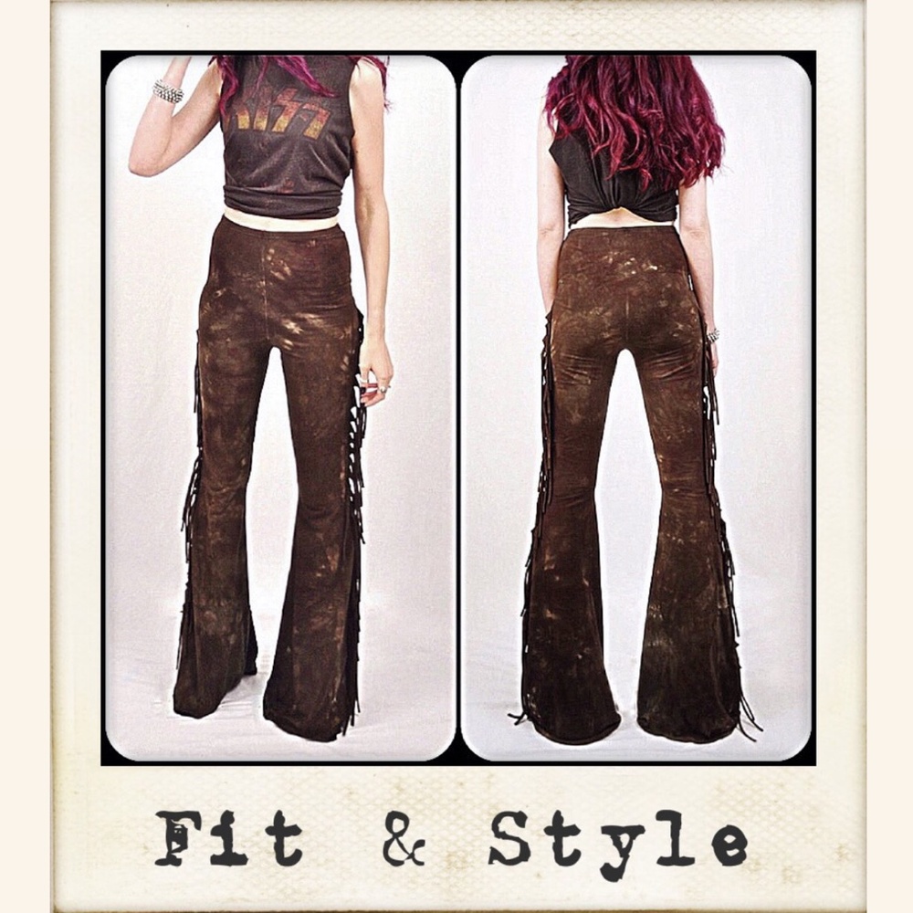 PETITE LENGTH High Waisted Fringe Bell Bottoms in BROWN TIE DYE Size XS S M L XL - Picture 6 of 8